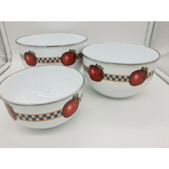Set of 3 Retro Enamel Metal Nesting Bowls - Fruit Apples Checkered 🍎🍏 - Picture 3 of 9